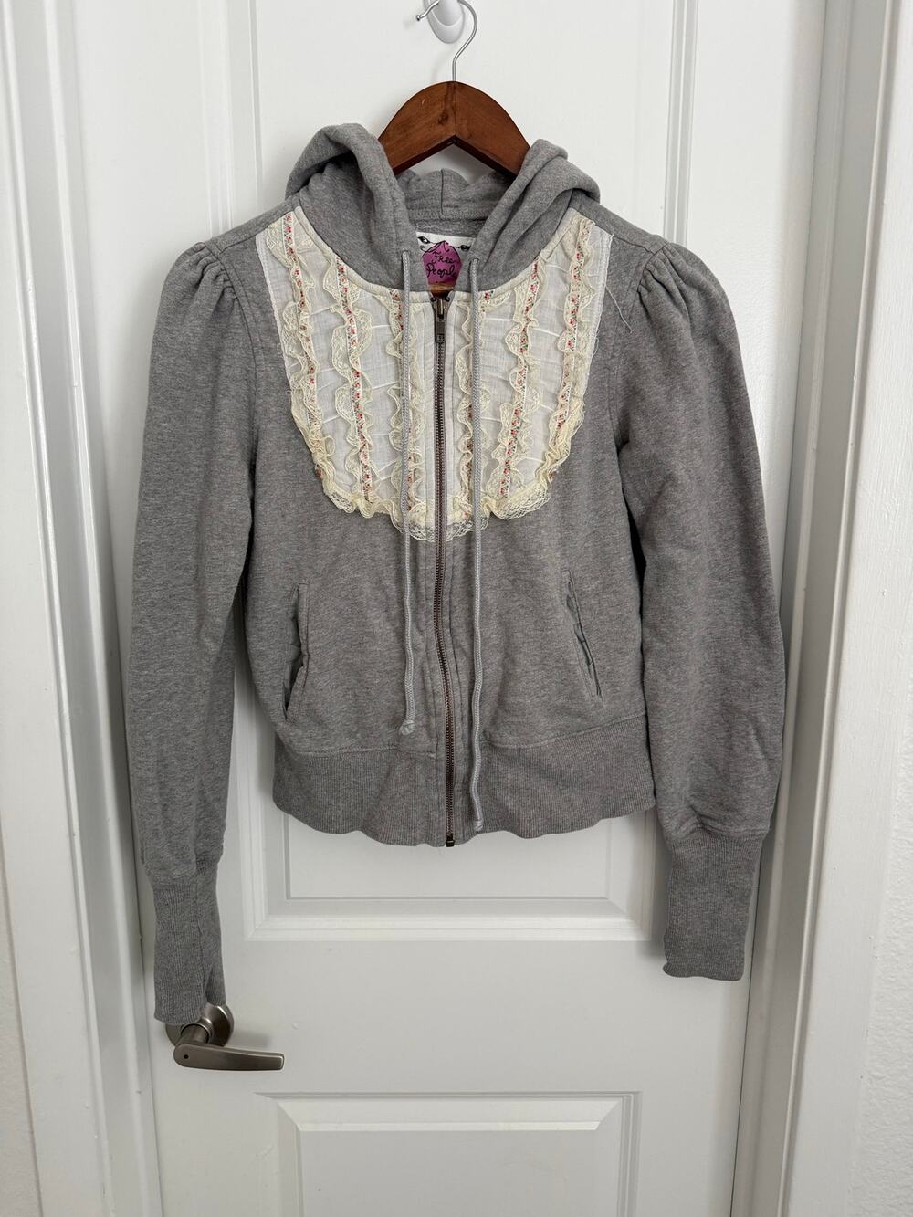 Vintage Free People The Originals Lace Ruffle Cropped Hoodie Size Medium